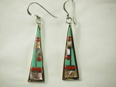 Fine 24 stone Gemstone inlaid Drop Dangle Earrings Sterling Silver Kidney Wires