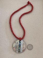 Vintage Abalone Shell Coral Seed Beaded Twist Pendant Disc Statement Necklace