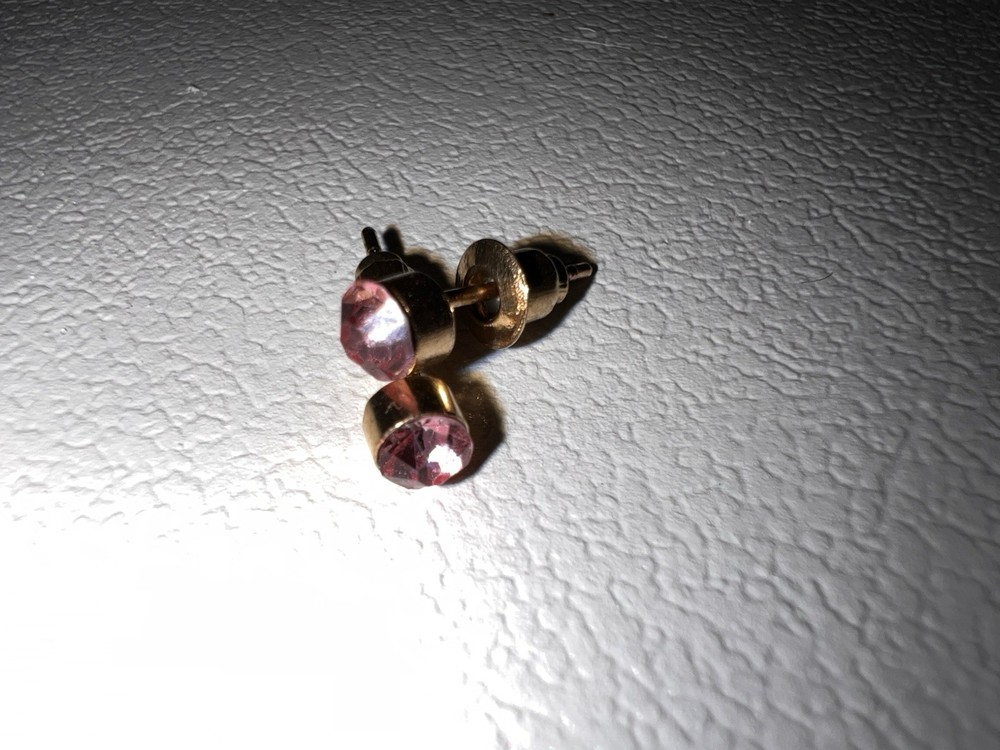 Vintage Pink Rhinestone Stud Earrings Gold Tone Bezel Cup Solitaire Bullet Back