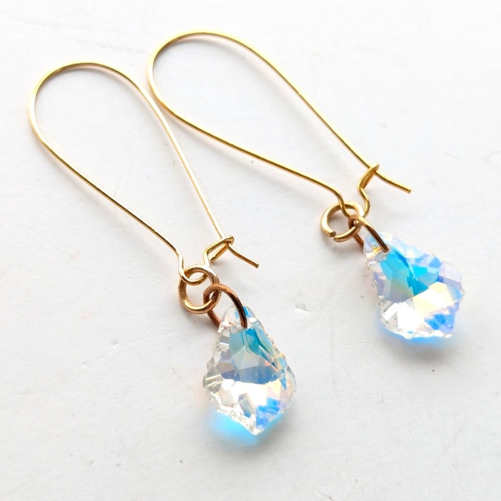 Iridescent Fire Aurora Borealis Crystal Teardrop Gold Tone Threader Earrings