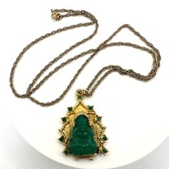 Vintage gold tone green faux jade art glass Buddha pendant 24″ chain necklace