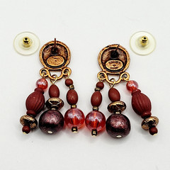 Burgundy Cranberry Copper Colored Multi Shape & Strand Bead Pierced Vtg Earrings