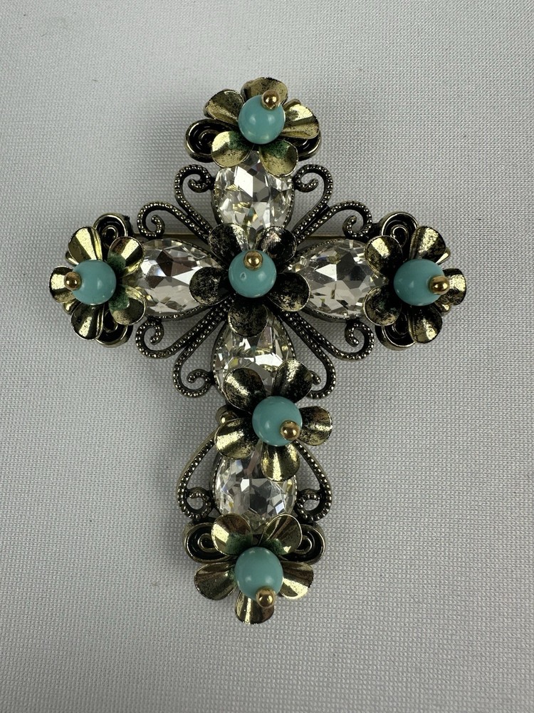 Floral Cross Brooch Gold Tone Turquoise Beads Clear Crystal Rhinestones
