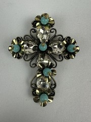 Floral Cross Brooch Gold Tone Turquoise Beads Clear Crystal Rhinestones