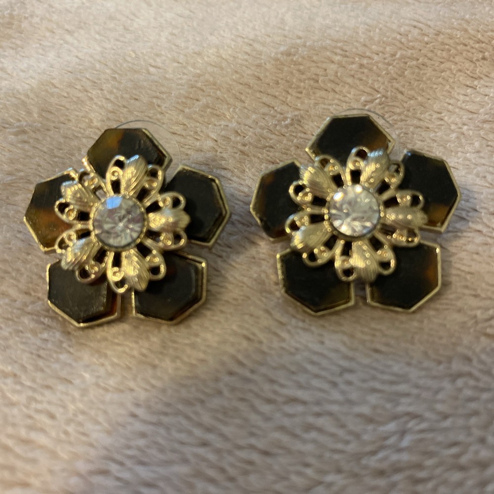Vintage Gold Tone Contemporary Faux Tortoise & Rhinestone Flower Pierced Earring