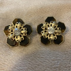 Vintage Gold Tone Contemporary Faux Tortoise & Rhinestone Flower Pierced Earring