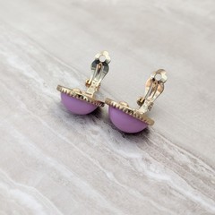 Vintage Clip On Earrings Pinkish Purple Domed Circle Gold Tone Halo Large Chunky