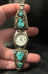 Effie Calavaza Zuni Signed Turquoise Snake Watch Vintage Native American Jewelry