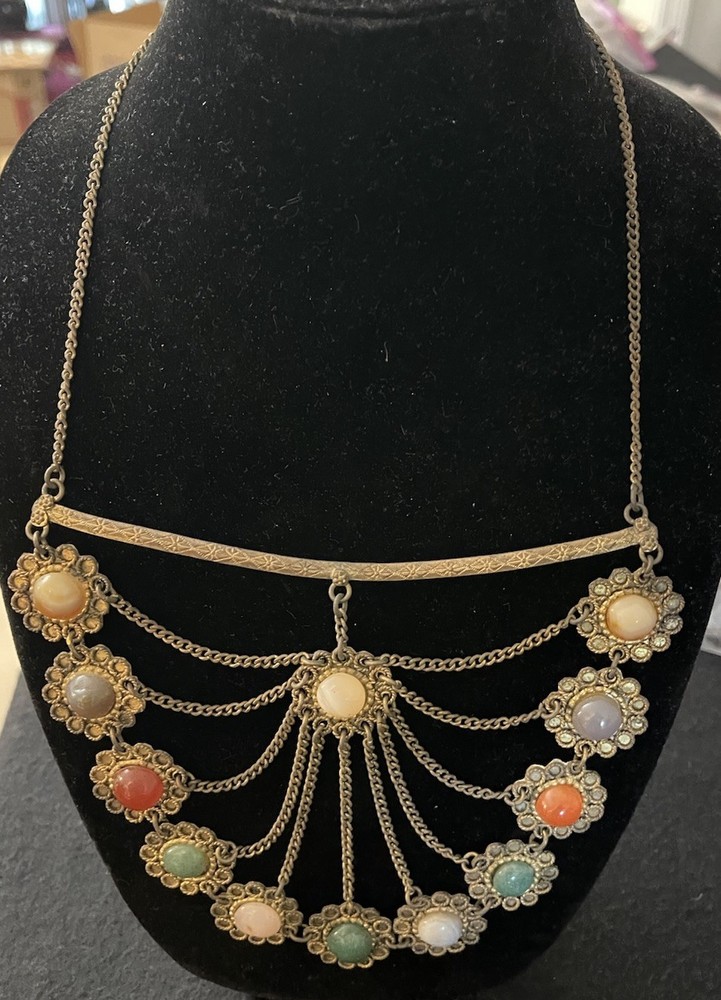 Vtg Brass Statement Bib Necklace Gold Toned Multi-layered Faux Gemstone Accents