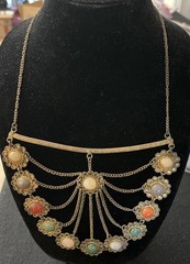 Vtg Brass Statement Bib Necklace Gold Toned Multi-layered Faux Gemstone Accents