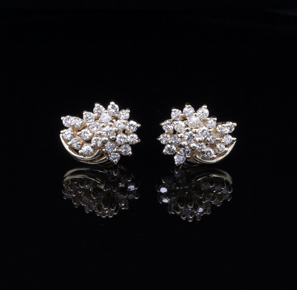 One Pair of 14K Gold 0.80cttw Diamond Set Cluster Earrings Val $4315