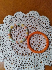Vintage Glass Bangle Bracelets Set of Two Faux Jade Orange Green yellow