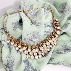 Gold Tone Statement Bib Necklace 18″ With Faceted Bling Clear Rhinestones