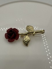 Small Vintage Brooch Red Rose Shaped Gold Tone Plated