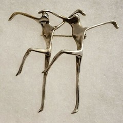 Large Vintage Modernist Abstract Silver Figural Brooch Dancers with Secure Clasp