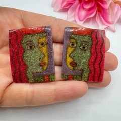 Vintage Picasso Style Cubist Faces In Resin Stud Earrings Artsy Art Teacher