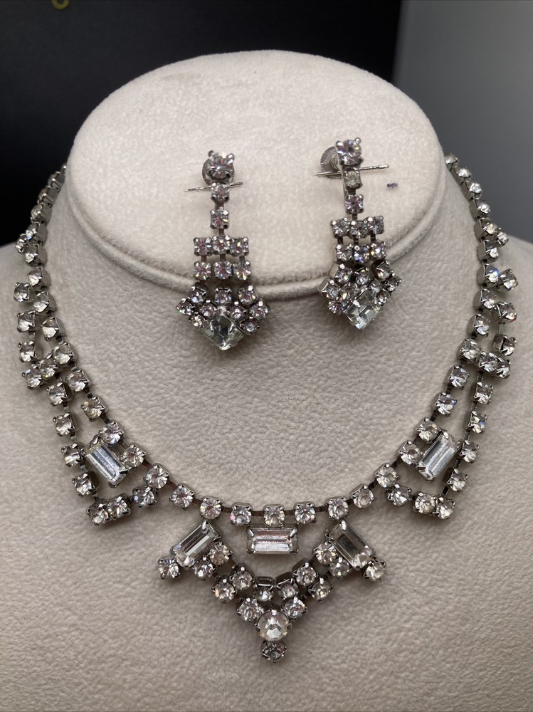 Vintage Clear Rhinestone 14 1/2” Necklace Signed D’ver N Y Screw Earring (3174)
