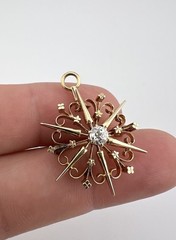 Antique 14K Yellow Gold .25ct Old European Cut Diamond Starburst Brooch Pendant