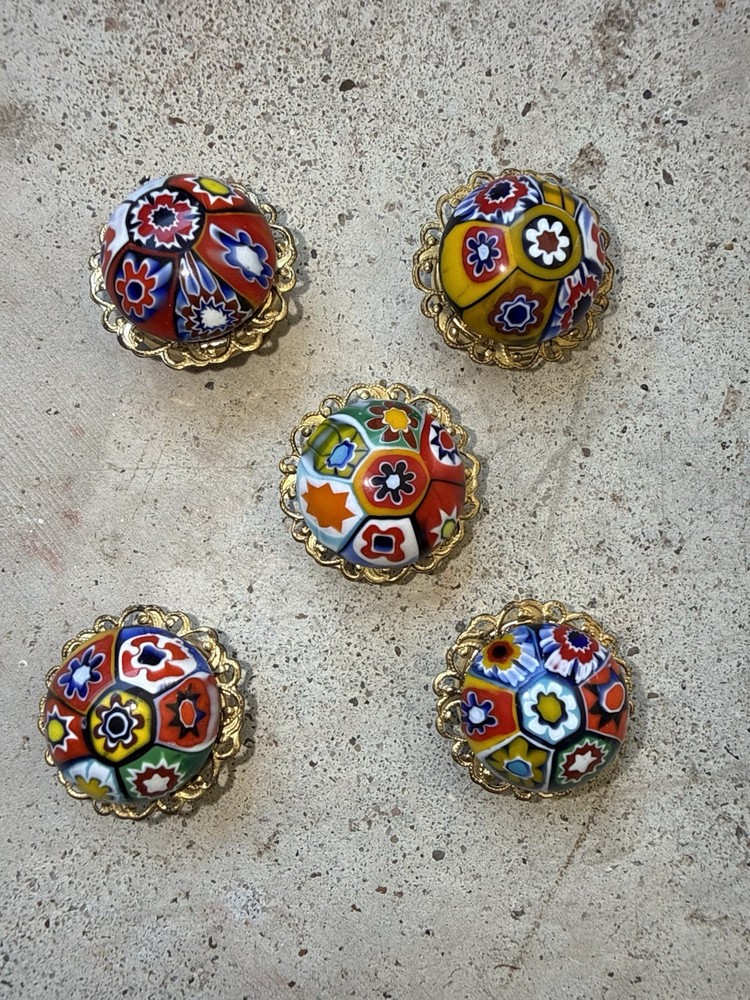 Vintage Venetian Millefiori Domed Round Button Clip-on Button Covers 5 Pcs