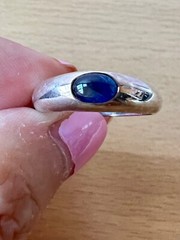 VINTAGE BLUE SPINEL CABOCHON FLUSH SET GYPSY STYLE RING 925 STERLING SILVER