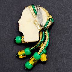 Lady Face Hand Painted Resin Braided Bead Long Hair Art Deco Revival Brooch Pin