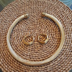 Vintage Monet Goldtone Pierced Wire Hoop Earrings +Twisted Wire Collar Necklace