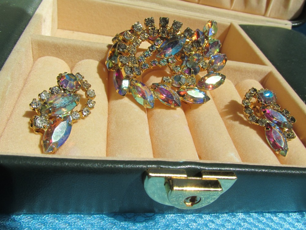 Vintage Clear Aurora Borealis Rhinestone Brooch and Clip on Earring Set Goldtone