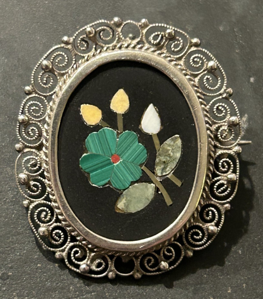Antique Pietra Dura .800 Sterling Silver Rose Floral Mosaic Brooch Pendant 1.25″