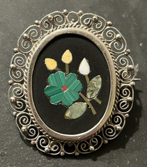 Antique Pietra Dura .800 Sterling Silver Rose Floral Mosaic Brooch Pendant 1.25″