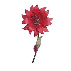 Francois Red Enamel Rhinestone Metal Stemmed Flower Brooch, Signed E957