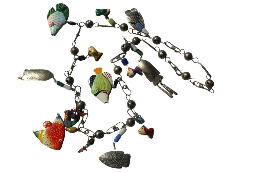 Vintage Mexican Wedding Necklace Fish Charm 32in Unique Ethnic Figural