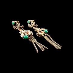 Antique Asian Dragon Jade Carnelian Cabochon Dangle Screw Back Tassel Earrings