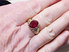 Beautiful 13.9-14k Gold Filigree Style Pierced 4.00ct. Lab Ruby Ring Sz 9.5