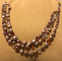 Vintage 1950s Triple Strand Hand Knotted Champagne Faux Pearl Necklace Amber