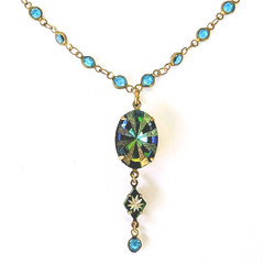 Vtg Swarovski Crystal Necklace Vitrail Glass Pendant Antique Brass Artisan Made