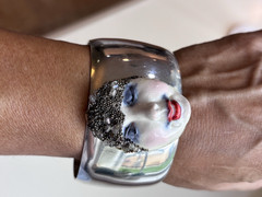 OOAK Clay Art Face Bracelet Cuff Silver-tone Metal VTG 1990s Iridescent Beads