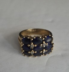 Vintage Blue Sapphire & Diamond Chip Cluster Ring, Size 6, Gold Plated Statement