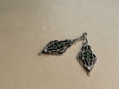 Vintage Silver-Tone Filigree Floral Dangle Earrings w/ Green Stone