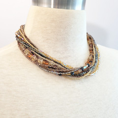 Citrine Gemstone Hematite Glass Bead Multi Strand Necklace Gold Tone 18″ Collar