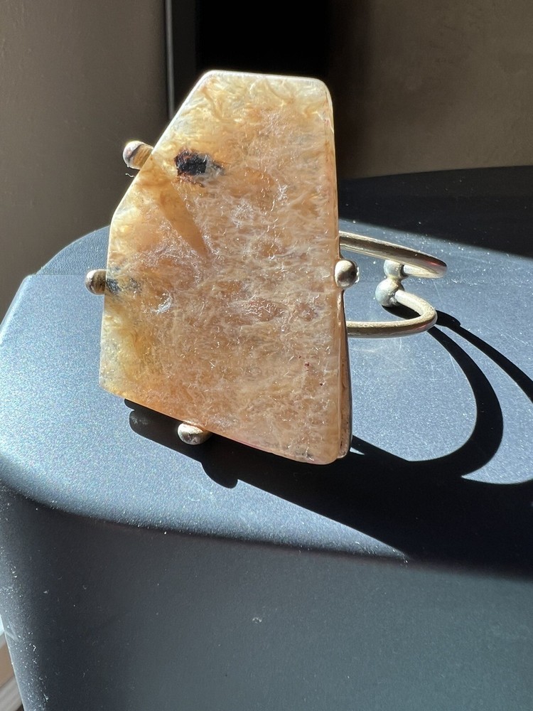 Yellow Rutilated Quartz Vintage Cuff Bracelet Large Chunky Semiprecious gemstone