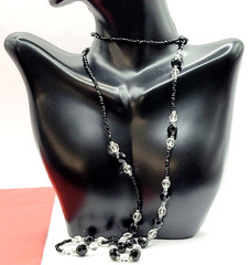 Modern Art Deco Black Clear Cut Crystal Bead Silver Tone Vintage Necklace 31 in