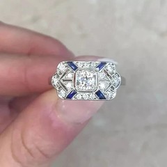 Antique ArtDeco LabCreated Sapphire Diamond Milgrain Engagement 14K Gold FN Ring