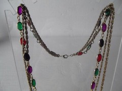 Triple Graduated Chain Necklace Purple green red black Bezel Set crystals vtg