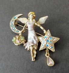 Vintage Kirks Folly Celestial Fairy Angel Moon Star Flower Statement Brooch