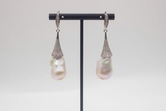 2.6” White Baroque Flameball Pearl Drop Earrings CZ Leverback Bridal Gift