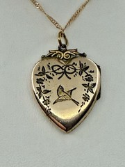 Victorian Aesthetic Movement Bird & Flower Vines Double Sided RG Locket Necklace