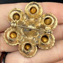 Vintage Rhinestone Brooch Gold Tone Orange Rhinestone Flower READ