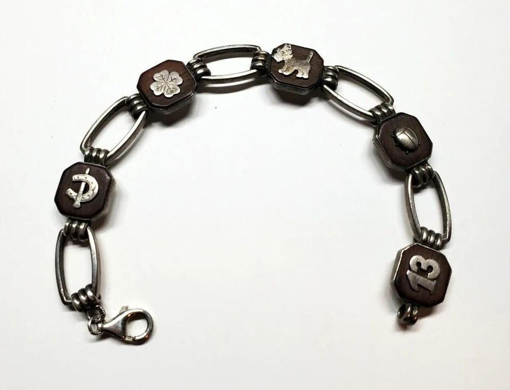 Vintage Art Deco Victor Mayer Silver Good Luck Bracelet Mahogany Wood Panel