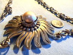 TAXCO MEXICO LPV VTG STERLING SUNFLOWER MABE PEARL BOLD STATEMENT NECKLACE 123g