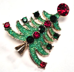 Estate Gold Tone Rhinestone & Green Glitter Christmas Tree Pin / Brooch